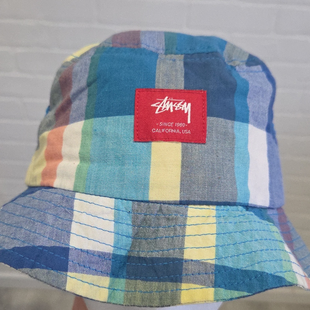 Stussy Multicolor Plaid Bucket Hat with Red Logo Patch